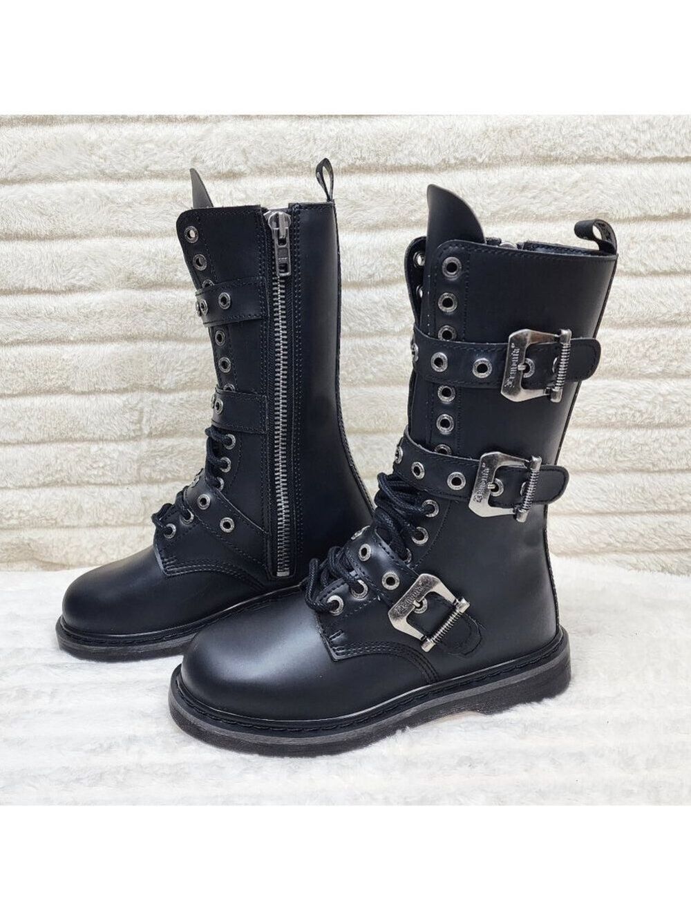Goth Combat Biker Boots Black Matte Lightning Bolt Tread Bolt 330